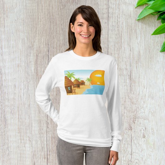 トロピカルビーチサンセットと草葺き小屋 Tシャツ