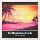 トロピカルビーチサンセットウォーターカラーファリダグリーンフィールド ガラスコースター (正面)