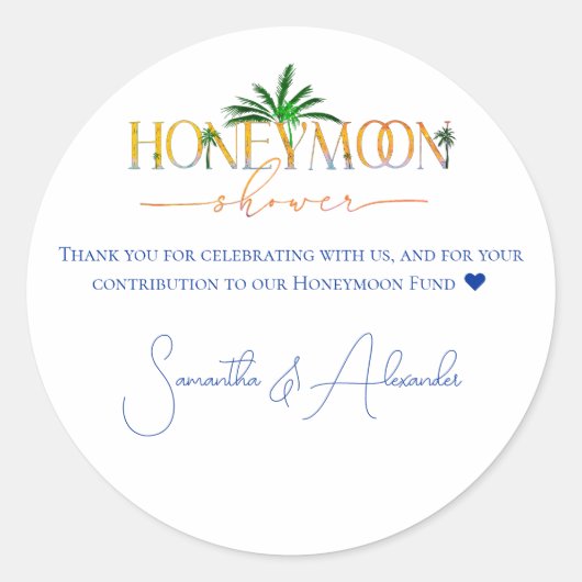 トロピカルビーチサンセットハネムーンファンドカップルのシャワー ラウンドシール (正面)