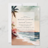 トロピカルビーチサンセットパーム結婚ツリー 招待状 (正面)