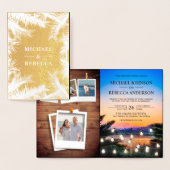 トロピカルビーチサンセットフォトコラージウェディング 箔カード (ディスプレー)
