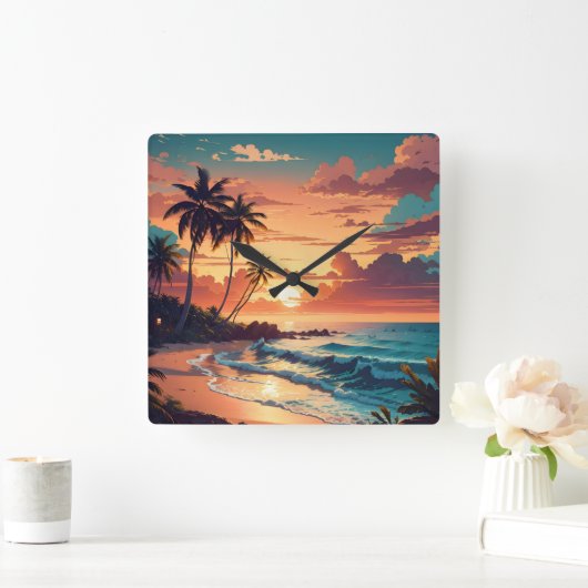 トロピカルビーチサンセットラージ スクエア壁時計 (ホーム)