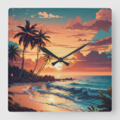 トロピカルビーチサンセットラージ スクエア壁時計 (正面)