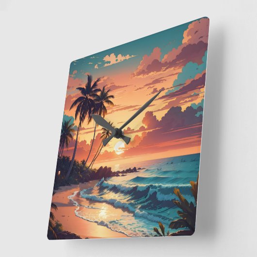 トロピカルビーチサンセットラージ スクエア壁時計 (傾斜)