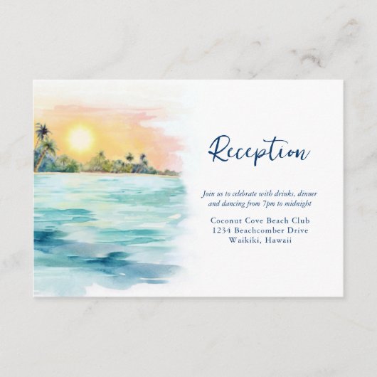 トロピカルビーチサンセット&パームスウェディングレセプション エンクロージャーカード (正面)