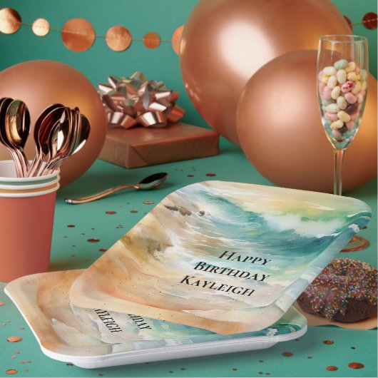 トロピカルビーチサンドターコイズシー誕生日 ペーパープレート (複数)