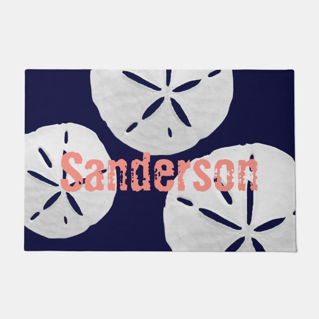 トロピカルビーチサンドドルネイビーコーラルファミリー名 ドアマット (正面)