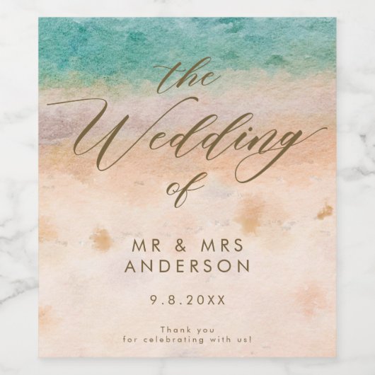 トロピカルビーチシーンのウェディングパーティーボトル ワインラベル (シングルラベル)