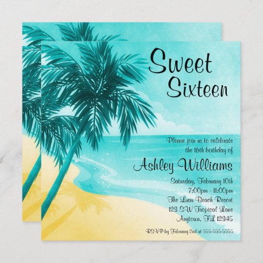 トロピカルビーチスウィート16バースデーパーティ招待状 招待状 (正面/裏面)