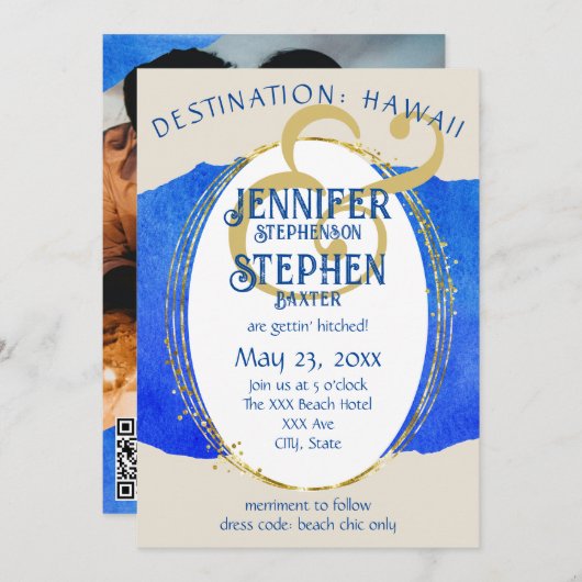 トロピカルビーチスタイルのブルーゴールドデスティネーションワエディング 招待状 (正面/裏面)