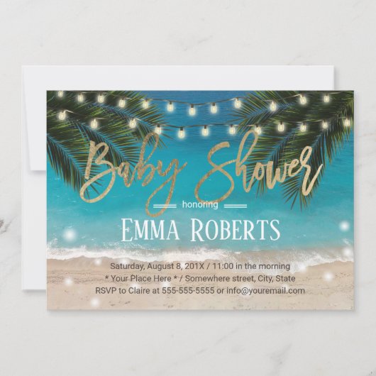 トロピカルビーチストリングライトベビーシャワー 招待状 (正面)