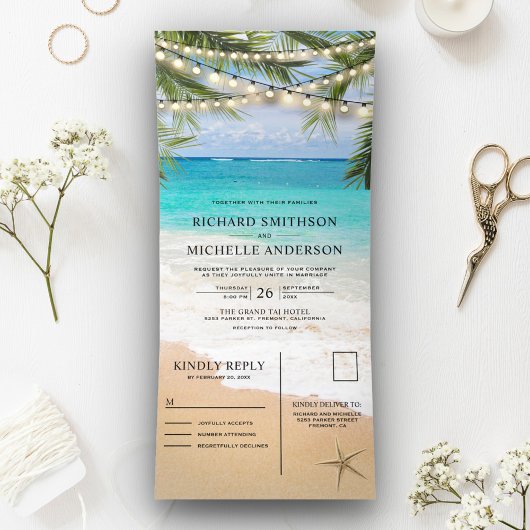 トロピカルビーチストリングライト結婚オールインワン 三つ折り招待状