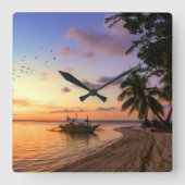 トロピカルビーチタヒチアイランドサンセット スクエア壁時計 (正面)