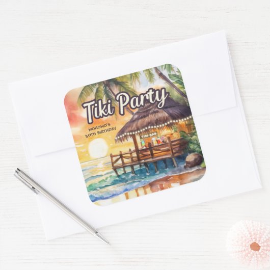 トロピカルビーチティキパーティー誕生日 スクエアシール (封筒)