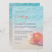 トロピカルビーチティール(緑がかった色)&コーラルコンチシェル結婚ズ 招待状 (正面/裏面)