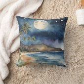 トロピカルビーチナイトスカイムーンスターウォーターカラー クッション (ブランケット)