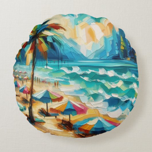 トロピカルビーチバ絵を描ンブレラス ラウンドクッション (正面)