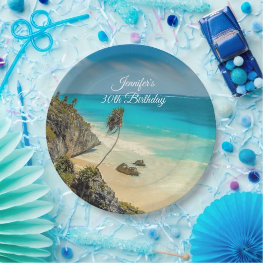 トロピカルビーチパラダイスウィズパームツリーズ誕生日 ペーパープレート (パーティー)