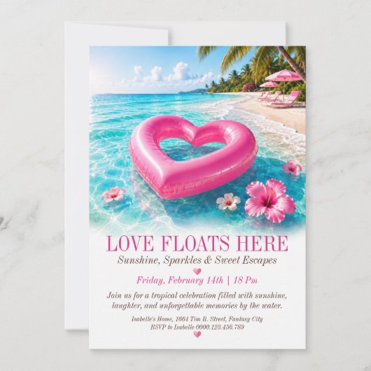 トロピカルビーチパーティーの招待状 Love Floats Here 招待状 (正面)