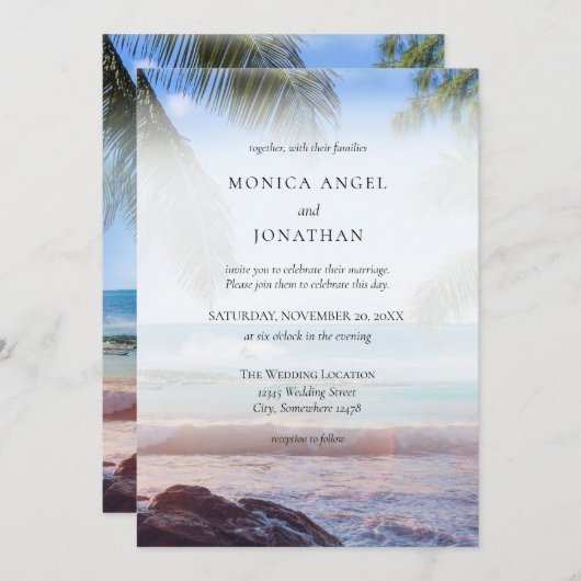 トロピカルビーチパームの目的地ウェディング 招待状 (正面/裏面)