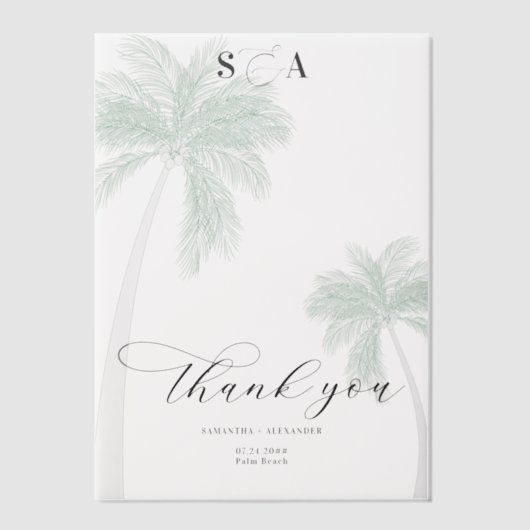 トロピカルビーチパームシンプルツリーScript Thank You ベラム紙招待状 (正面)