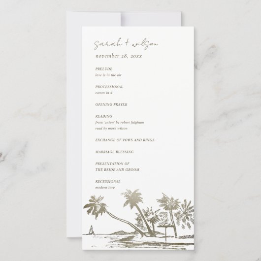 トロピカルビーチパームスケッチ金ゴールド結婚式 プログラム (正面)