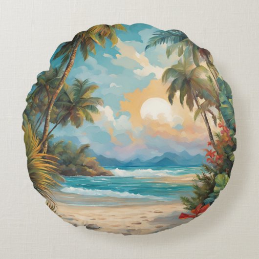 トロピカルビーチパームスサンフラワーズハワイ ラウンドクッション (正面)