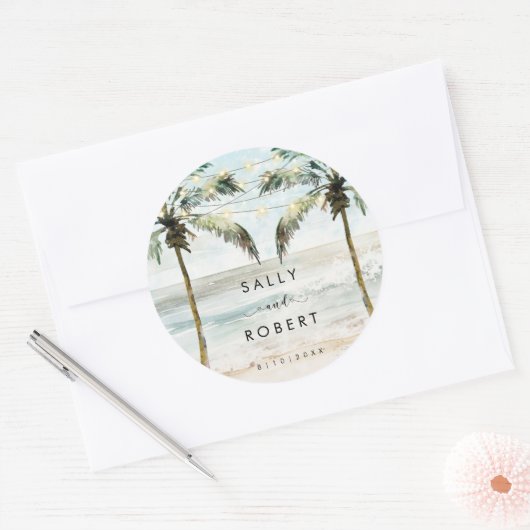 トロピカルビーチパームズウェディングシャワーステッカー ラウンドシール (封筒)