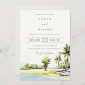トロピカルビーチパームツリーウォーターカラーウェディング招待 サンキューカード (正面/裏面)