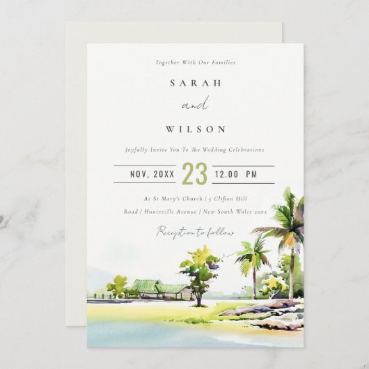 トロピカルビーチパームツリーウォーターカラーウェディング招待 サンキューカード (正面/裏面)