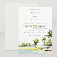 トロピカルビーチパームツリーウォーターカラーウェディング招待