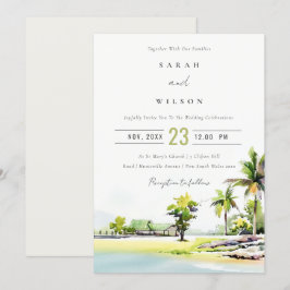 トロピカルビーチパームツリーウォーターカラーウェディング招待 サンキューカード