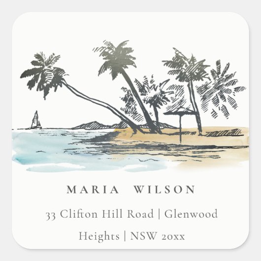 トロピカルビーチパームツリースケッチ水彩アドレス スクエアシール (正面)