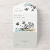 トロピカルビーチパームツリースケッチ水結婚色 オールインワン招待状 (外側)