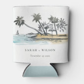 トロピカルビーチパームツリースケッチ水結婚色 缶クーラー (正面)