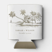 トロピカルビーチパームツリースケッチ淡い色の金ゴールド結婚ズ 缶クーラー (裏面)