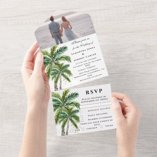 トロピカルビーチパームツリーズデスティネーションシーサイド オールインワン招待状 (貼ってはがせる)