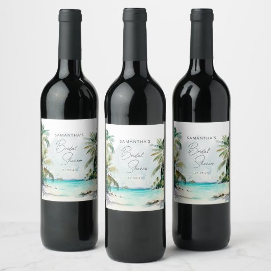 トロピカルビーチパームツリーズブライダルシャワー ワインラベル (ボトル)