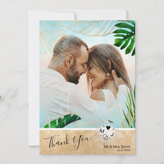 トロピカルビーチパームフォトデスティネーションウェディング サンキューカード (正面)