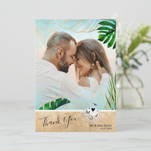 トロピカルビーチパームフォトデスティネーションウェディング サンキューカード (スタンド正面)