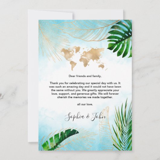 トロピカルビーチパームフォトデスティネーションウェディング サンキューカード (裏面)