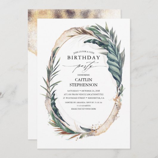 トロピカルビーチパー葉ム金ゴールド誕生日 招待状 (正面/裏面)