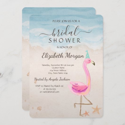 トロピカルビーチピンクフラミンゴブライダルシャワー 招待状 (正面/裏面)