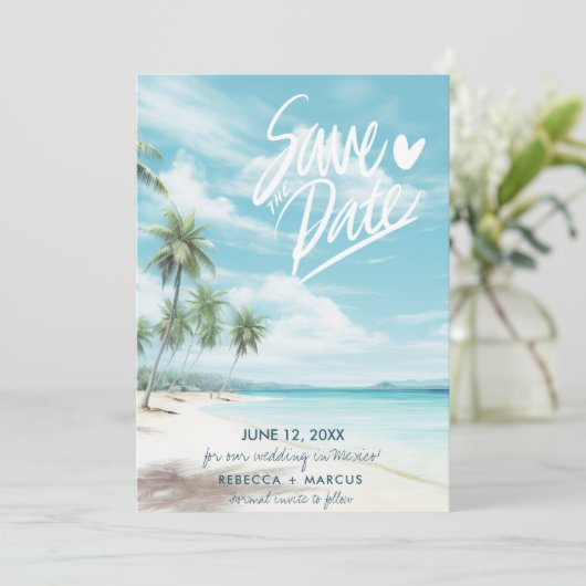 トロピカルビーチフォトウェディングSave the Date 招待状 (スタンド正面)