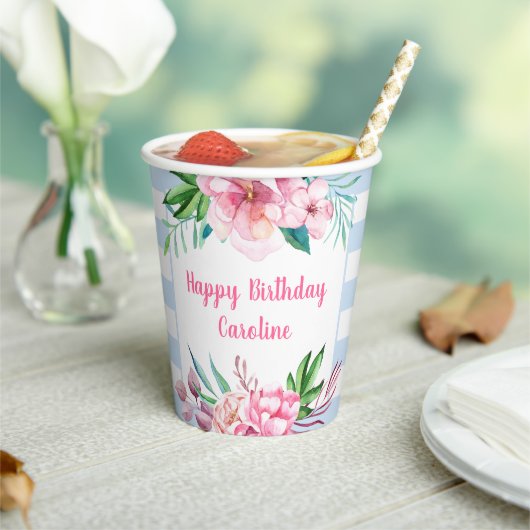 トロピカルビーチブルーストライプフローラ誕生日 紙コップ (インサイチュ)