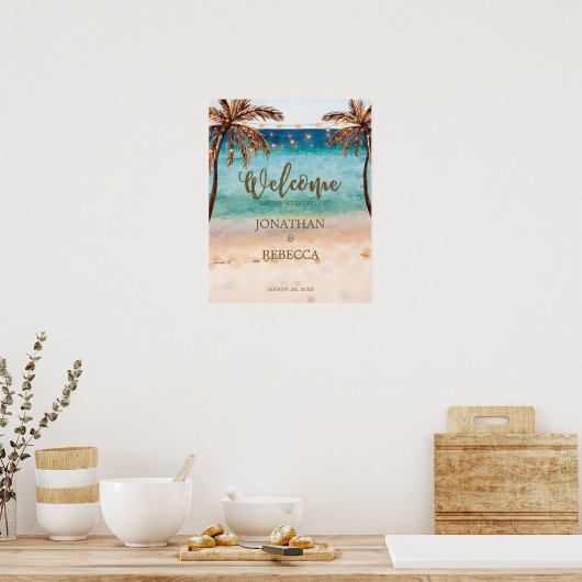 トロピカルビーチモダンウェディングウェルカムサインポスター ポスター (キッチン)