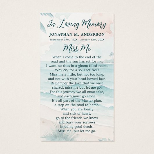 トロピカルビーチモダン葬儀記念祈りの言葉カード (裏面)