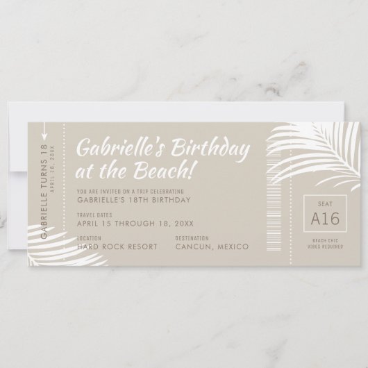 トロピカルビーチ搭乗パスピンク誕生日旅行 招待状 (正面)