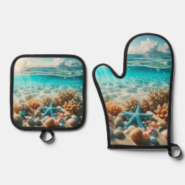 トロピカルビーチ星魚シーシェル海シーン 鍋つかみ&鍋敷きセット