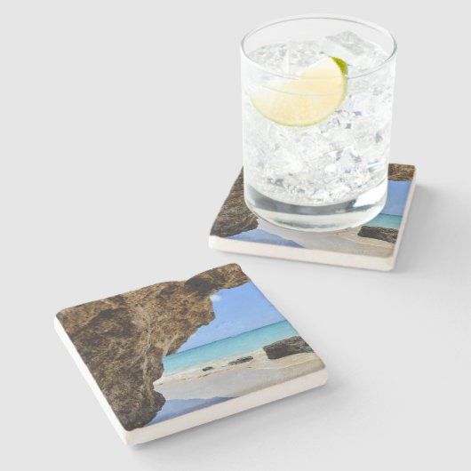 トロピカルビーチ海岸と大きな岩 ストーンコースター (横)